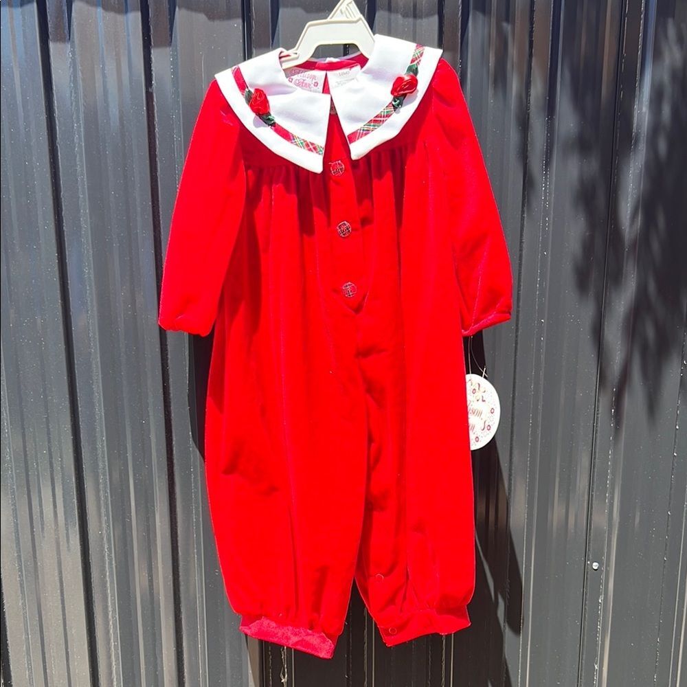 Allison Ann Vintage Christmas Holiday Photoshoot Red Baby Romper White Collar